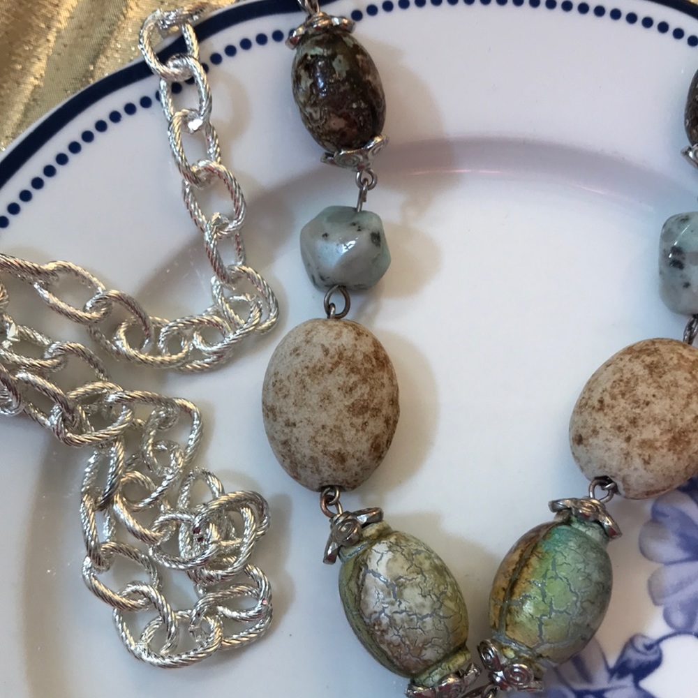 Vintage Stone Beaded Long Necklace Link Chain - Picture 6 of 7